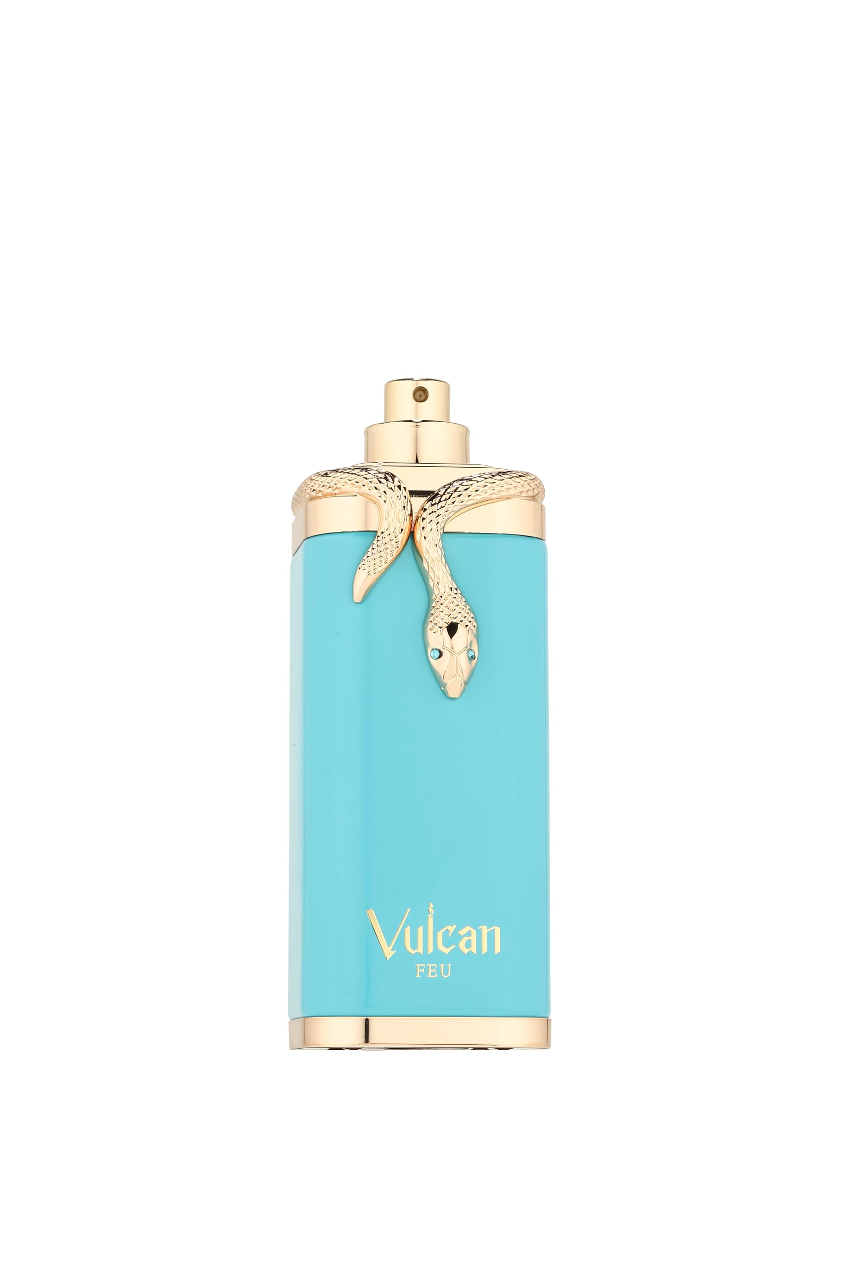 Fragrance World Vulcan Feu: líquido ámbar dentro del frasco, nota de cacao destacada.