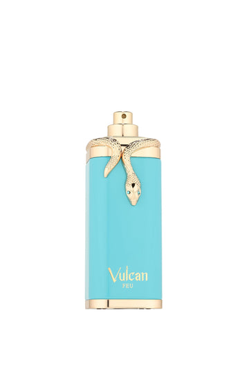 Fragrance World Vulcan Feu: líquido ámbar dentro del frasco, nota de cacao destacada.