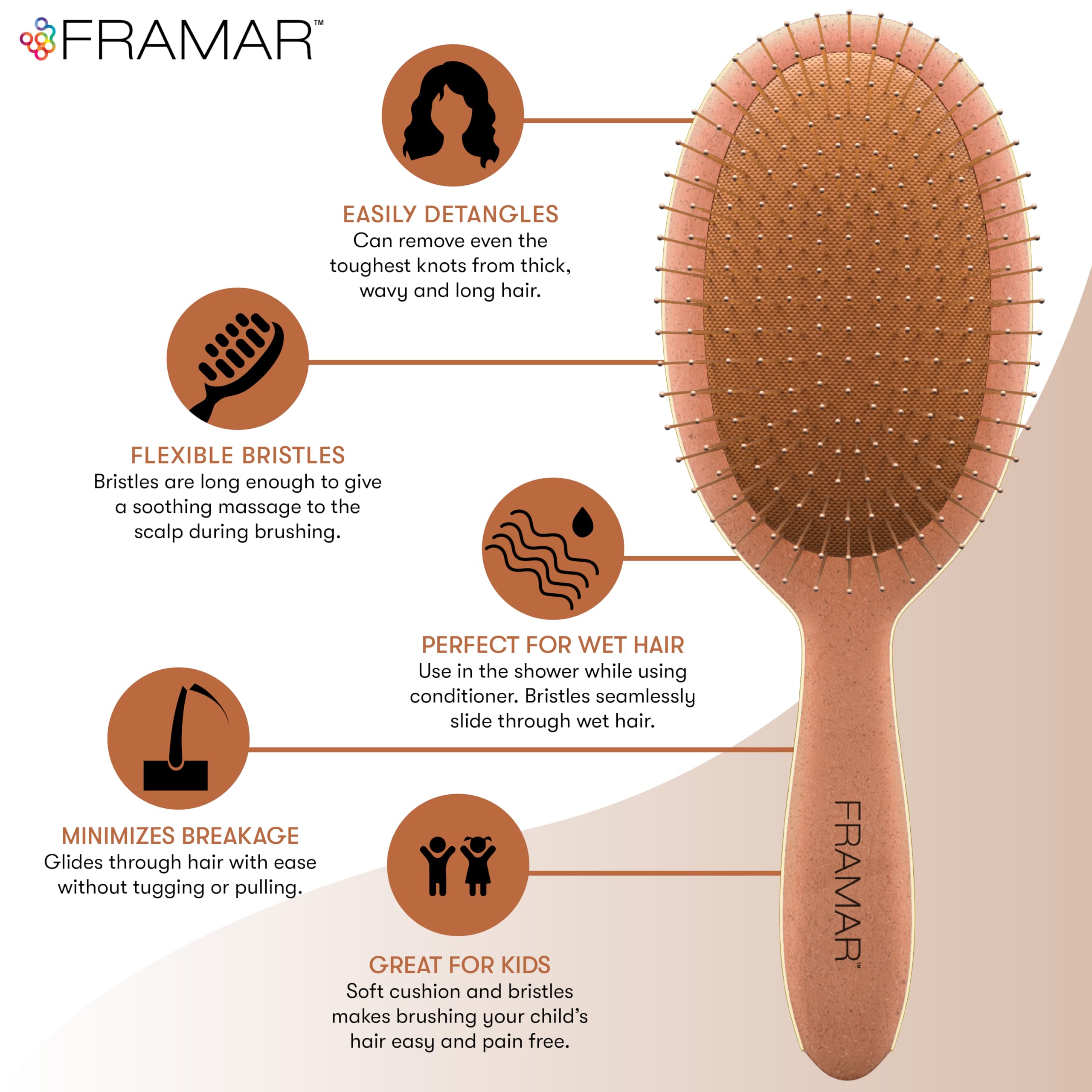 FRAMAR cepillo para acondicionador facilita distribuir el producto en cabello mojado.