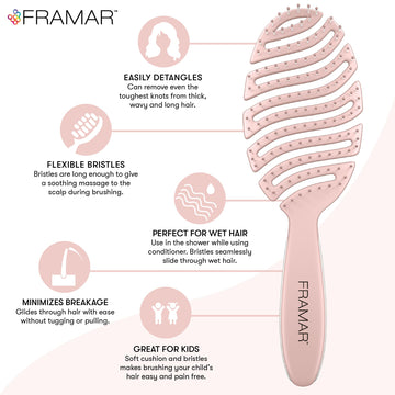 Framar cepillo flexible rosa para desenredar sin dolor y evitar tirones.