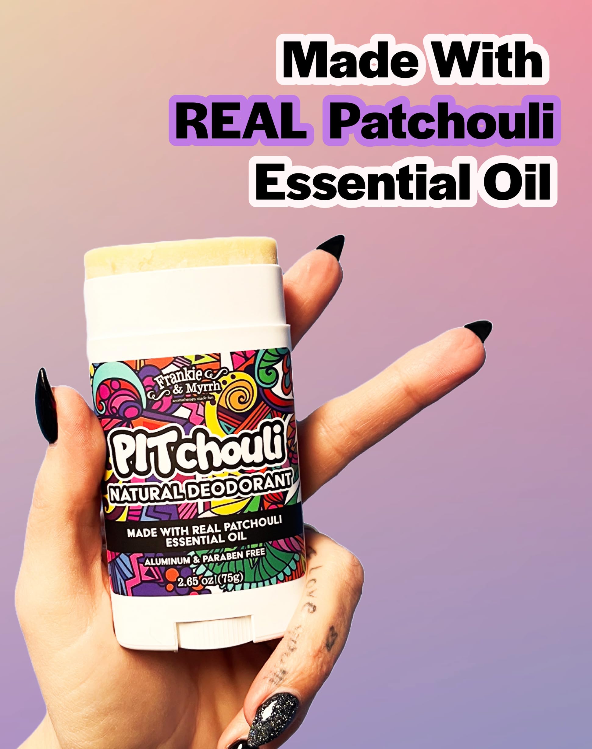 Ingrediente principal patchouli con aceite de coco para suavidad de aplicación.