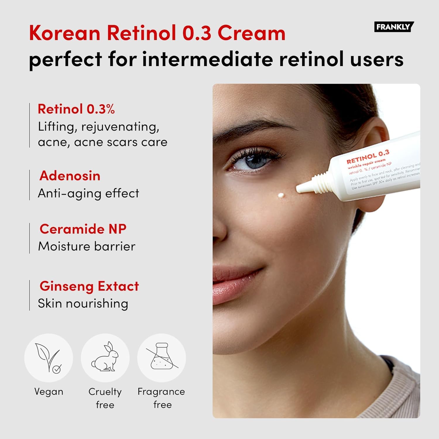 Aplicación nocturna de FRANKLY Retinol 0,3% crema para renovación suave de la piel