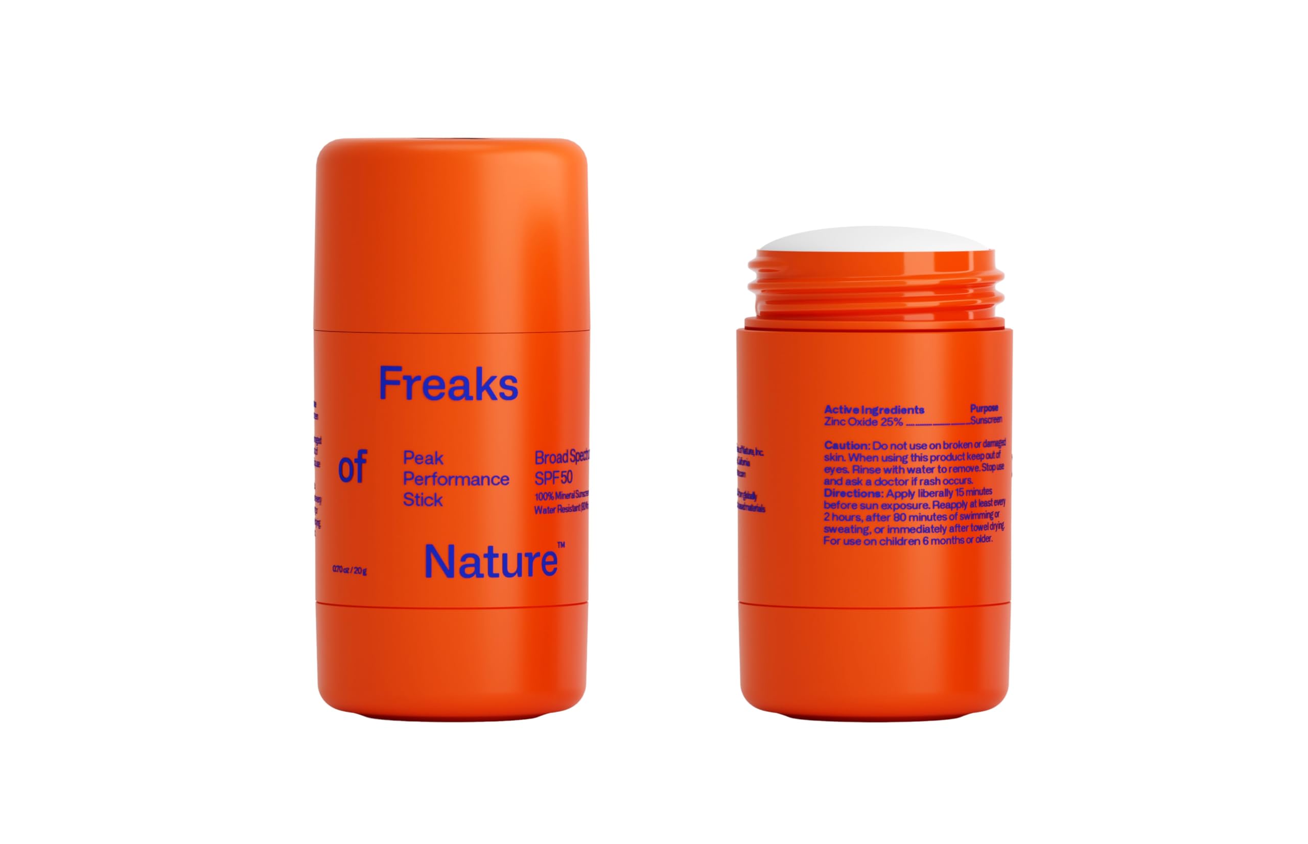 Freaks of Nature Peak Performance Sun Stick SPF 50 en embalaje, protección mineral para aventuras al aire libre.