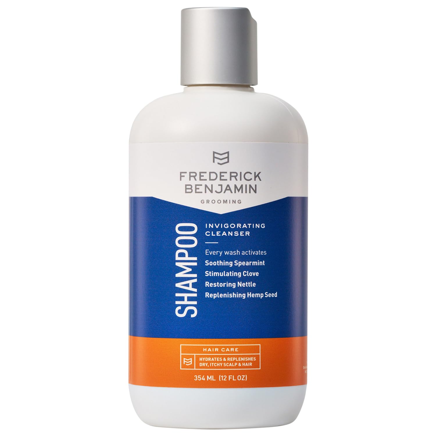 Frederick Benjamin Shampoo frente a la botella, revitaliza el cabello.
