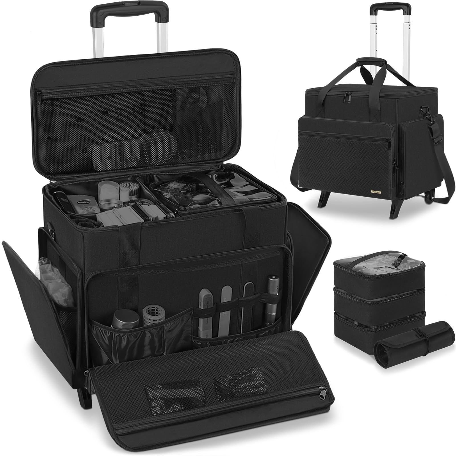 FREEAMG maletín de maquillaje con ruedas, ideal para viajar con todo lo esencial