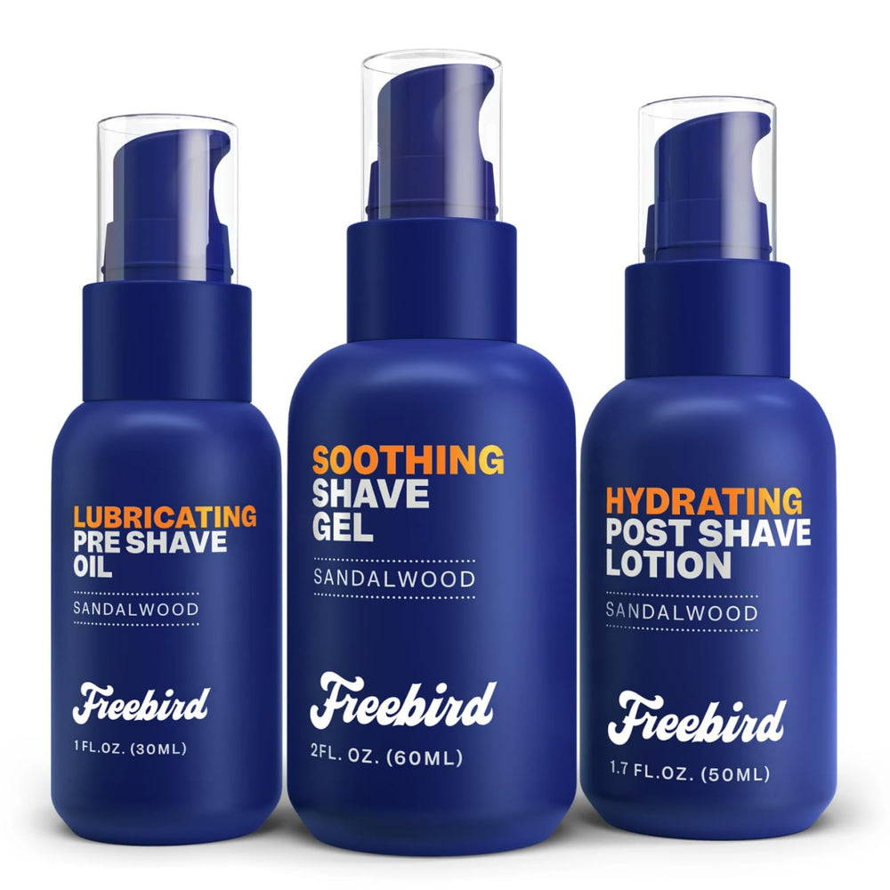Freebird Shave Care Kit packaging shows a compact, travel-ready design for on-the-go grooming.
