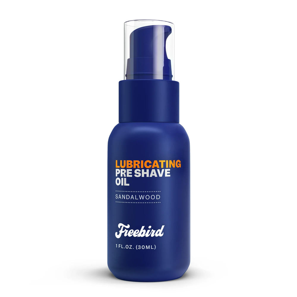 Freebird pre shave oil sandalwood bottle pour enhances glide for a smoother shave.