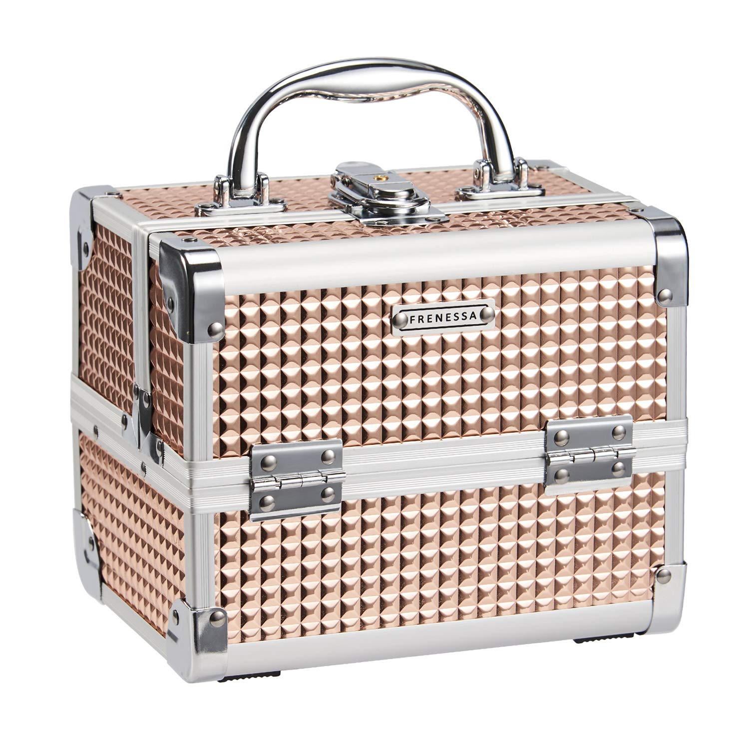 Frenessa caja de maquillaje tren con espejo y candado en rosado oro, ideal para viaje.