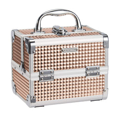 Frenessa caja de maquillaje tren con espejo y candado en rosado oro, ideal para viaje.