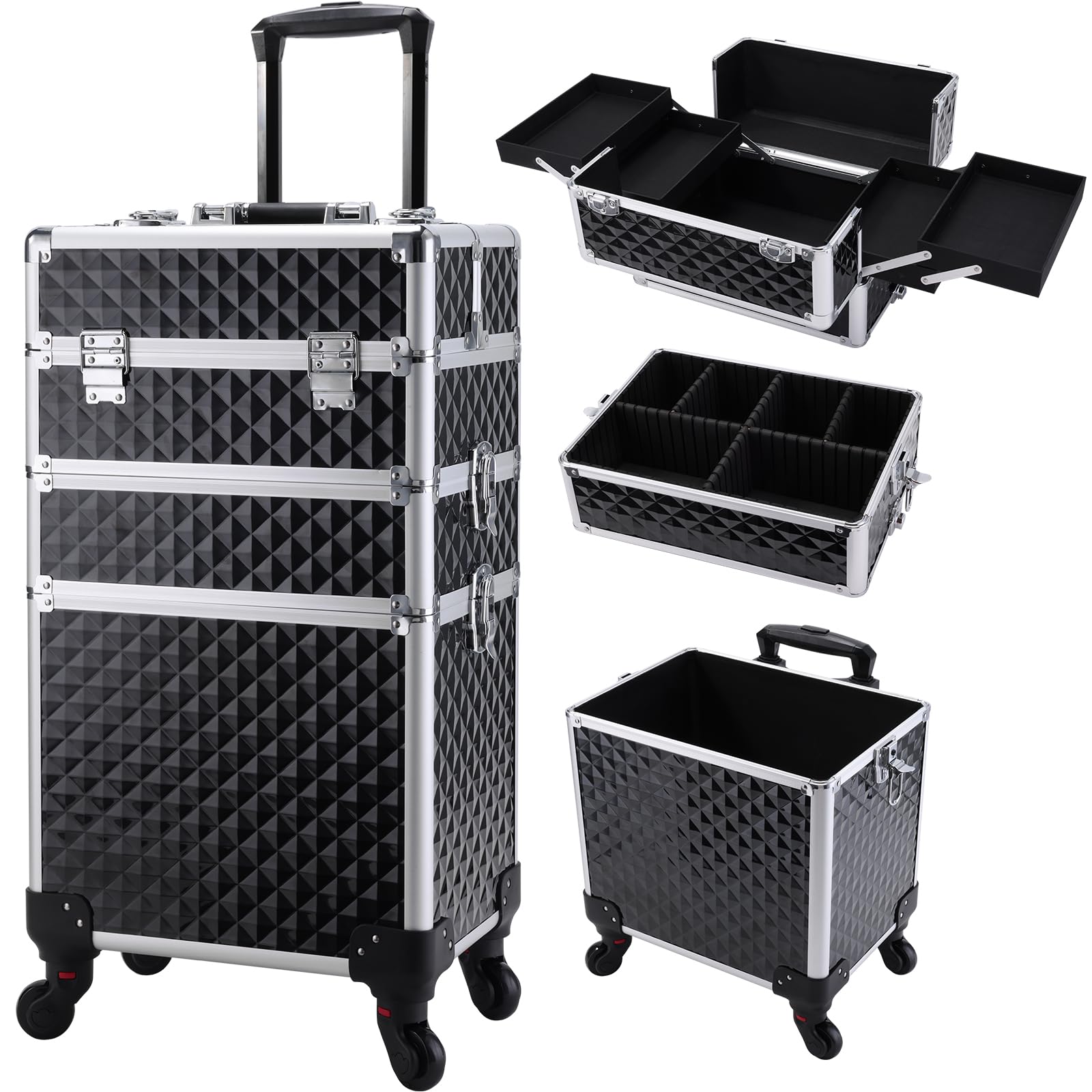 Frenessa carro de maquillaje 3 en 1 exterior vintage negro, ideal para transporte seguro de cosméticos.