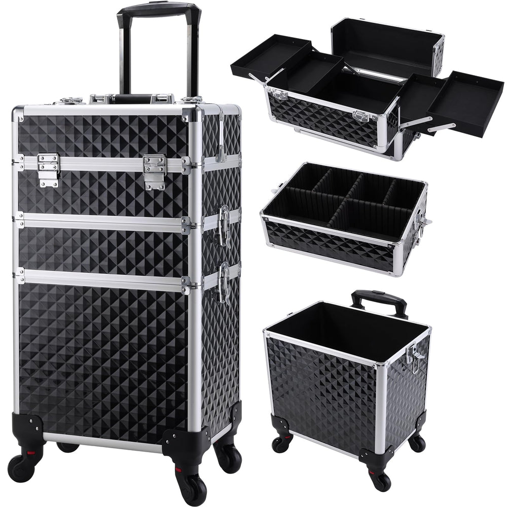 Frenessa carro de maquillaje 3 en 1 exterior vintage negro, ideal para transporte seguro de cosméticos.