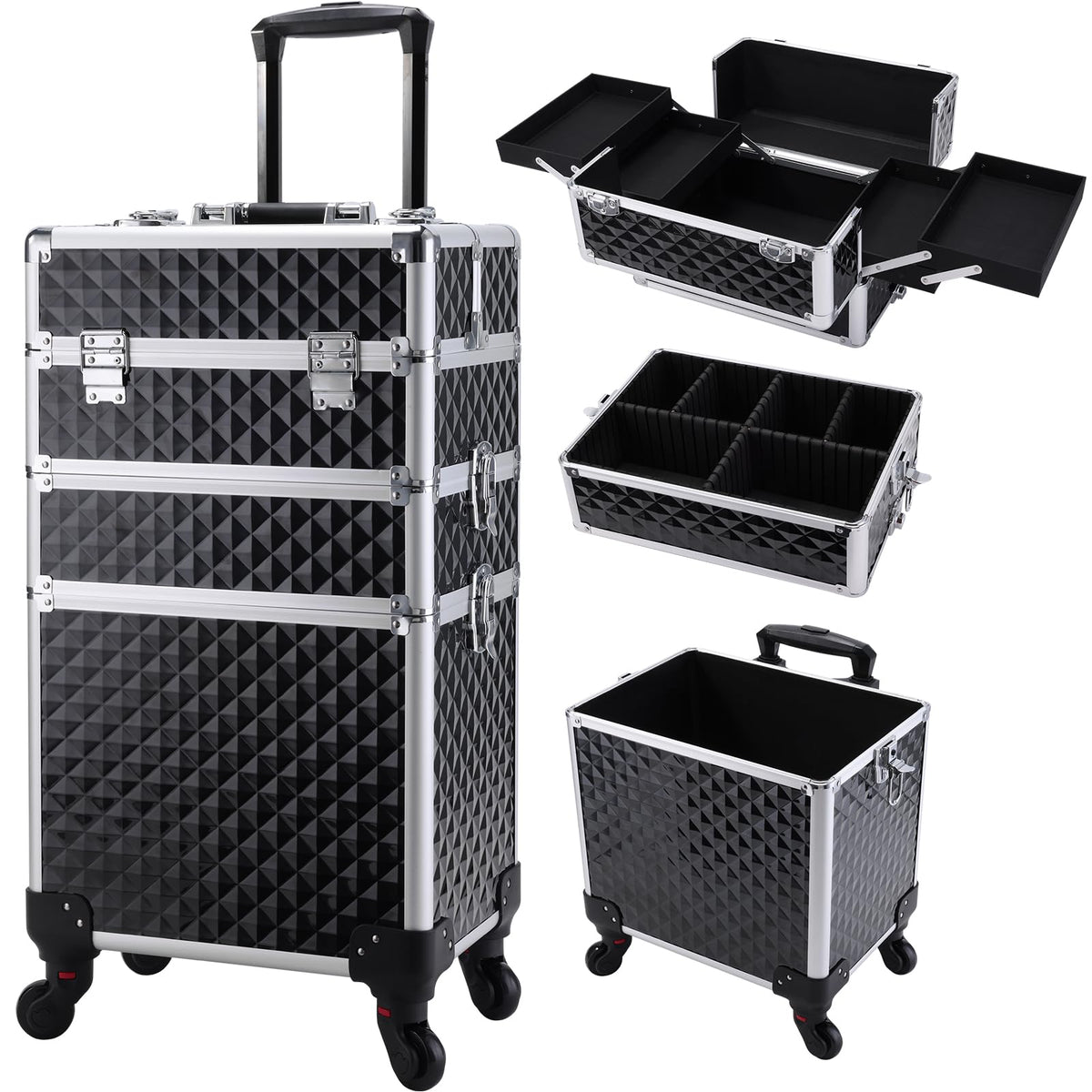 Frenessa carro de maquillaje 3 en 1 exterior vintage negro, ideal para transporte seguro de cosméticos.
