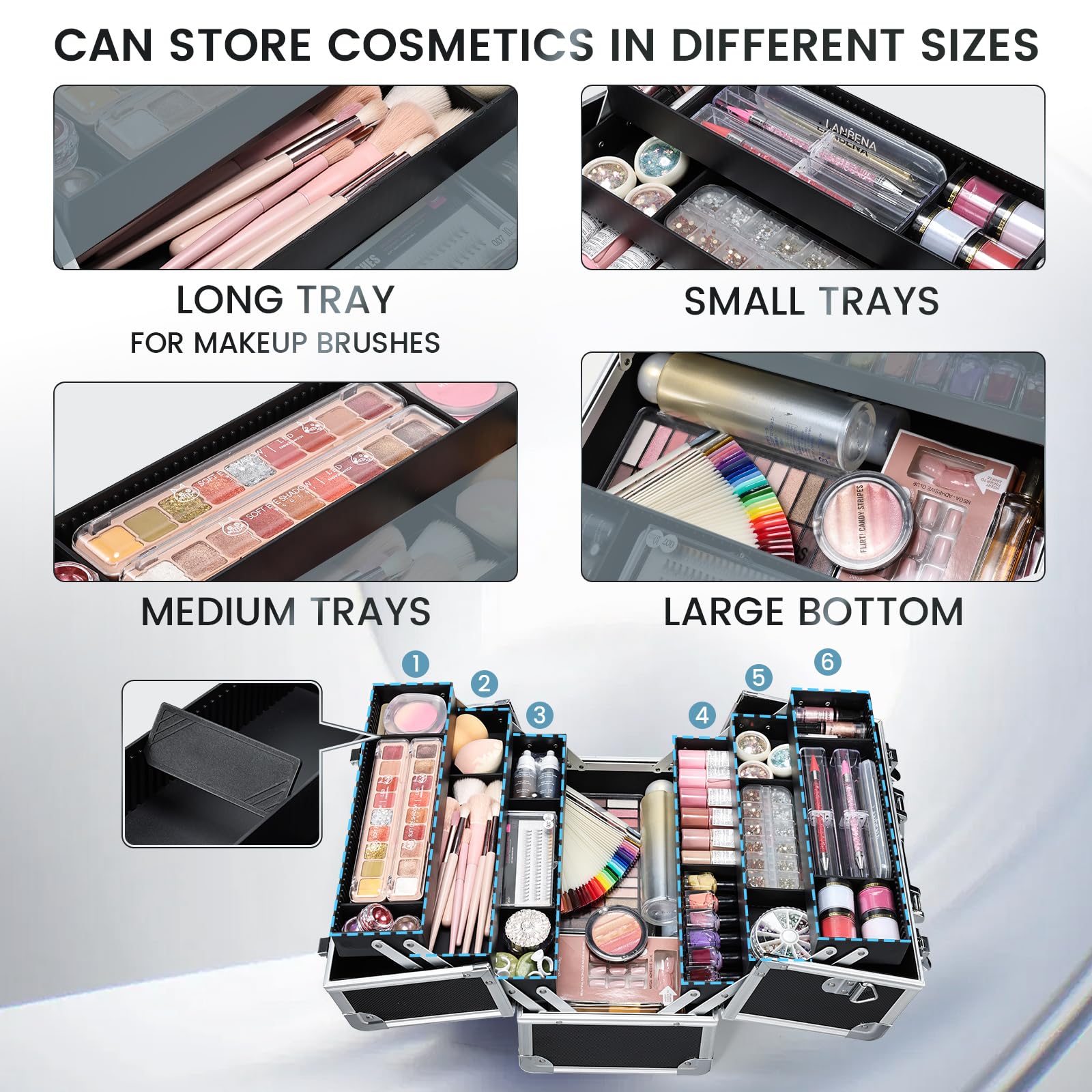 Frenessa maletín maquillaje 6 bandejas extendibles, organización versátil para diferentes productos.