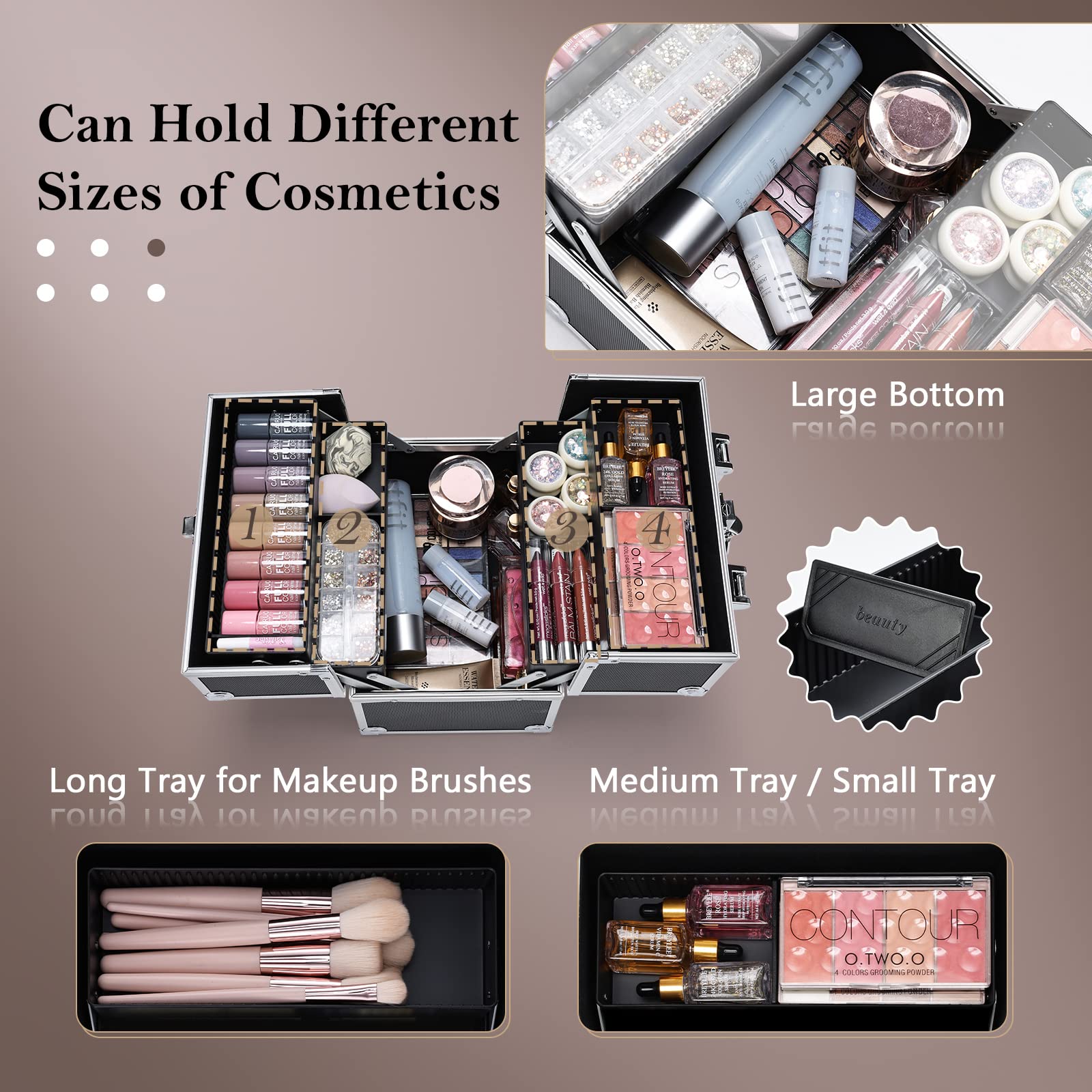 Frenessa maletedn maquillaje con bandejas desplegables de 4 niveles para acceso re1pido.