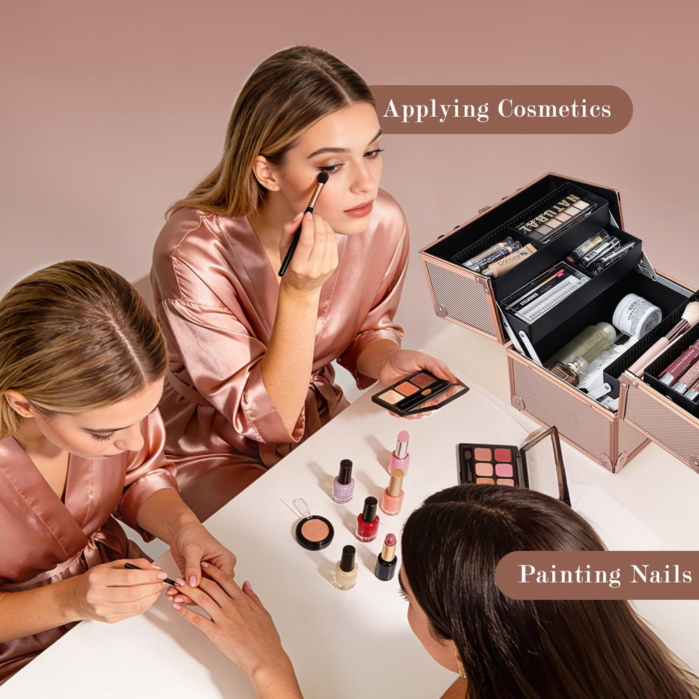 Frenessa maletín maquillaje oro rosado con bandejas desplegables