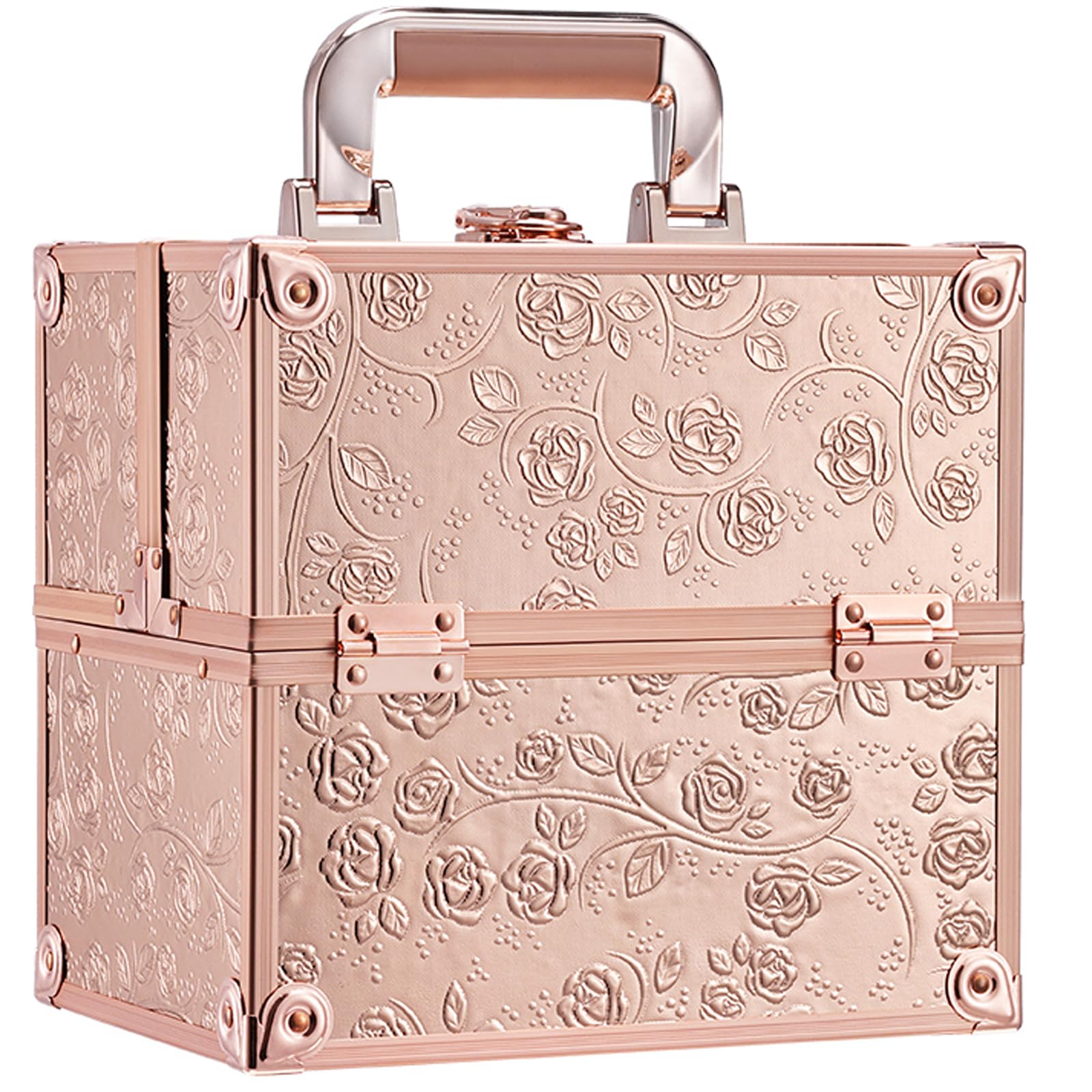 FRENESSA maletín maquillaje con acabado rosado dorado floral: organizador compacto para viajes y uso diario