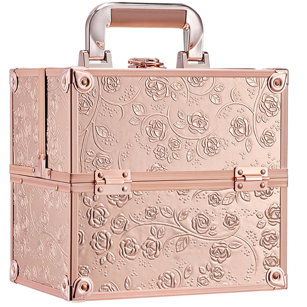 FRENESSA maletín maquillaje con acabado rosado dorado floral: organizador compacto para viajes y uso diario