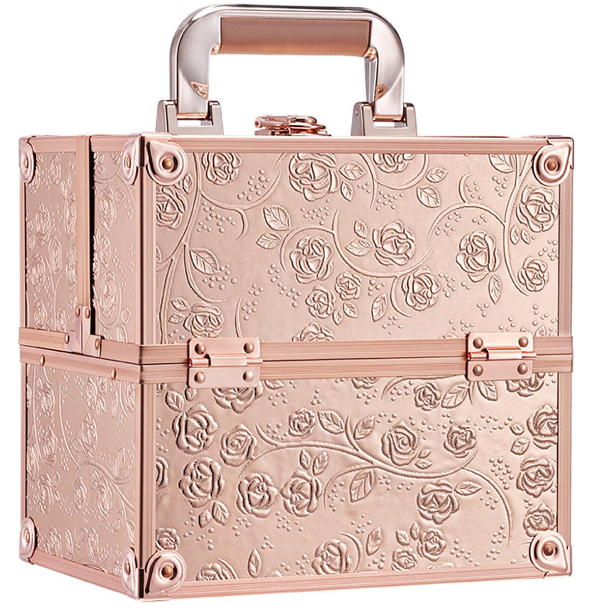 FRENESSA maletín maquillaje con acabado rosado dorado floral: organizador compacto para viajes y uso diario