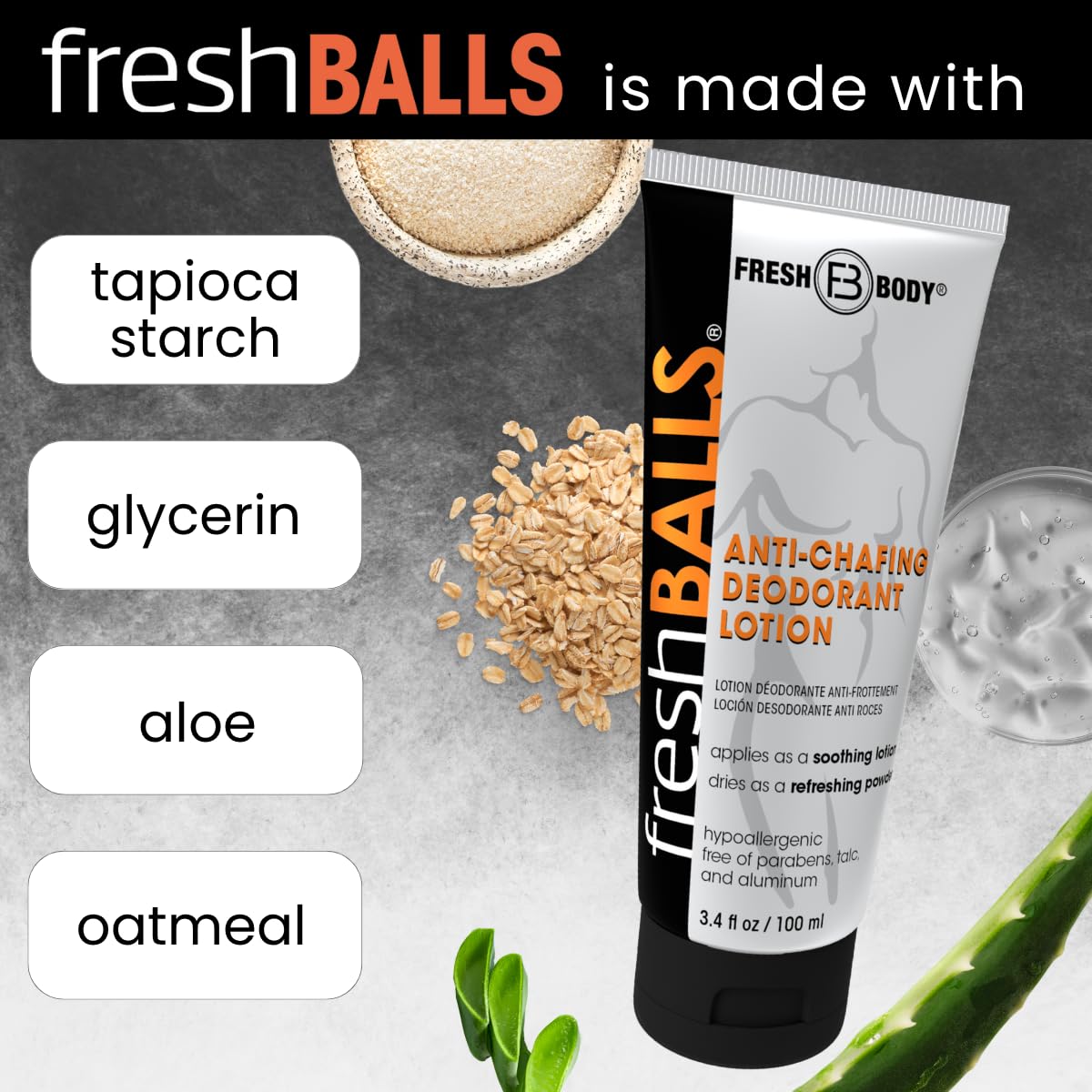 Fresh BALLS Lotion – formule hypoallergénique sans talc pour plus de confort.