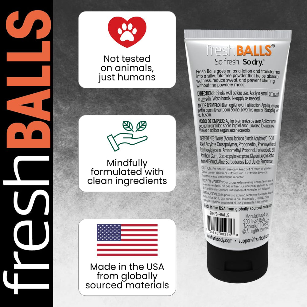 Fresh BALLS Lotion – sans talc, adaptée aux peaux sensibles.