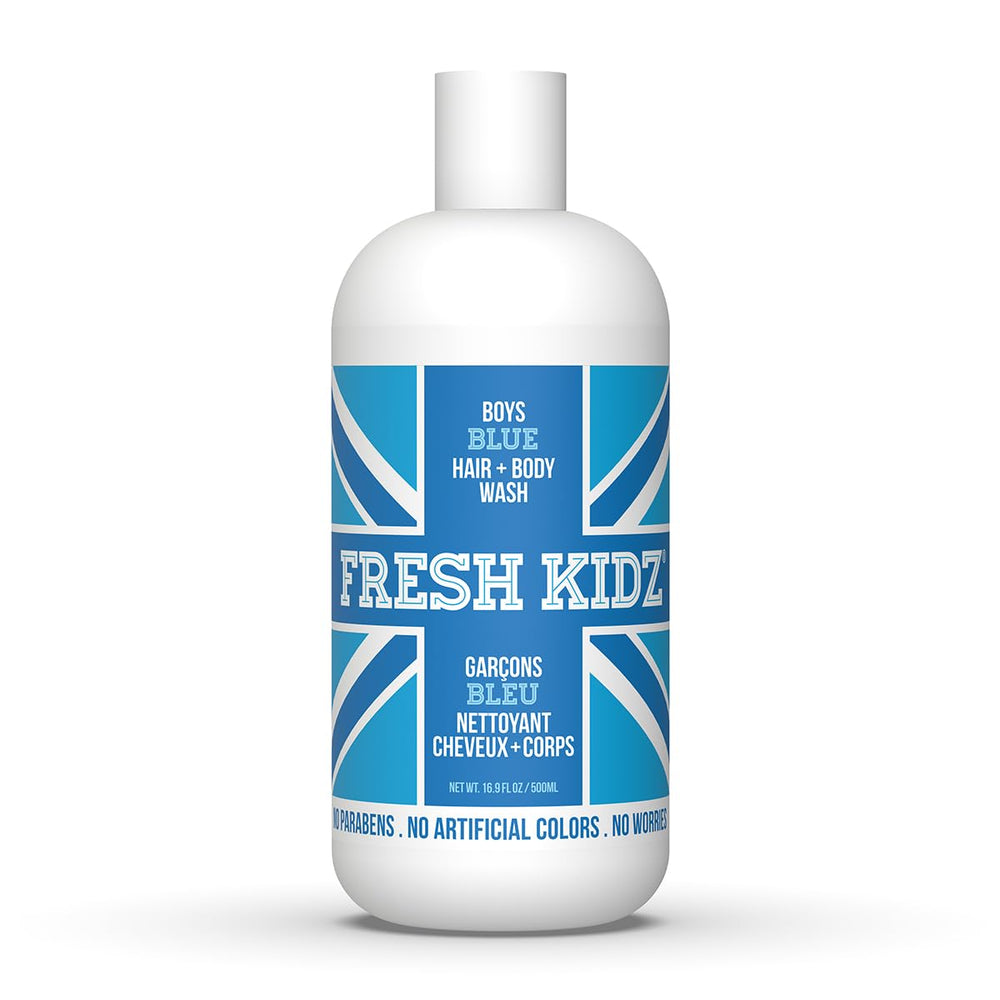 Fresh Kidz gel para cabello y cuerpo, botella azul, limpieza suave para piel sensible.