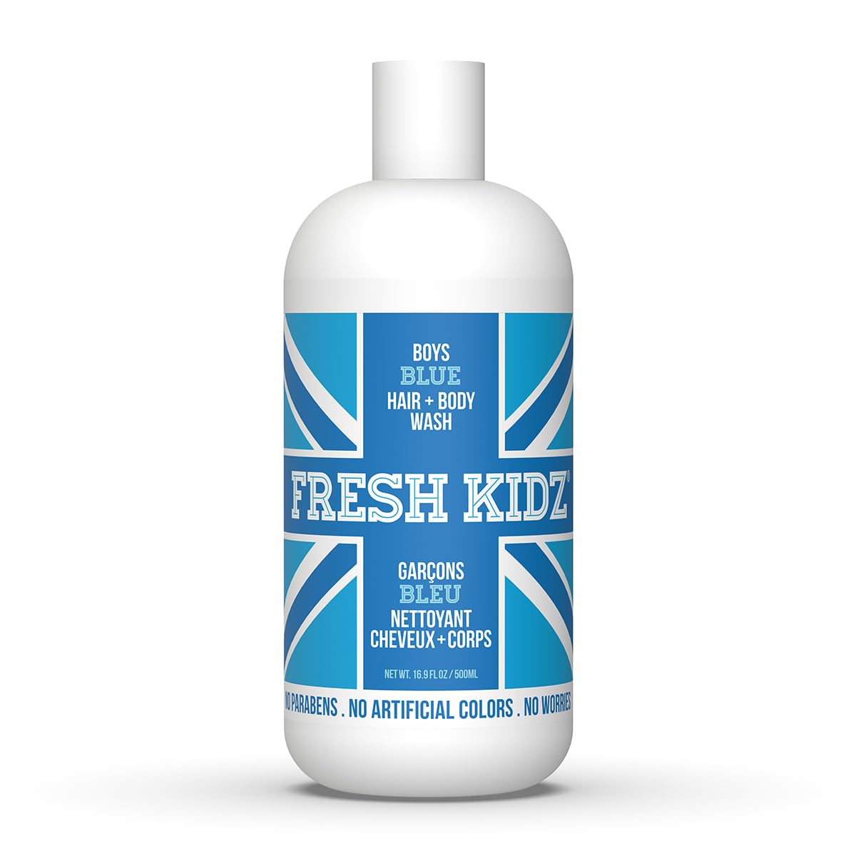 Fresh Kidz gel para cabello y cuerpo, botella azul, limpieza suave para piel sensible.