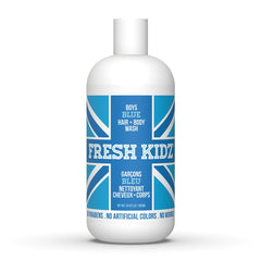 Fresh Kidz gel para cabello y cuerpo, botella azul, limpieza suave para piel sensible.