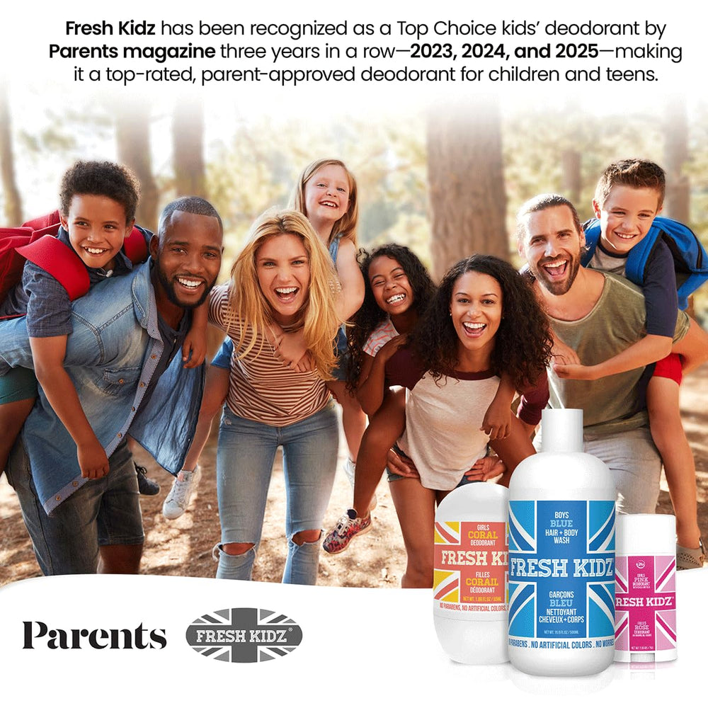 Fresh Kidz limpieza suave para niños, fórmula suave, piel hidratada tras duchas.
