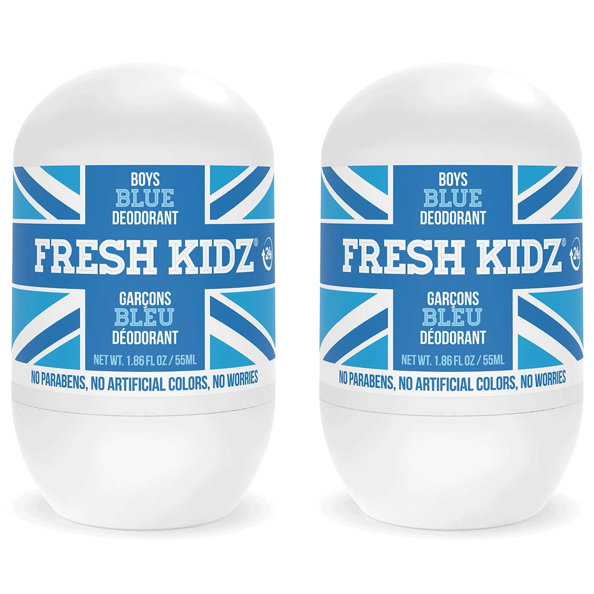 Desodorante Fresh Kidz roll-on azul, botella frontal para piel sensible