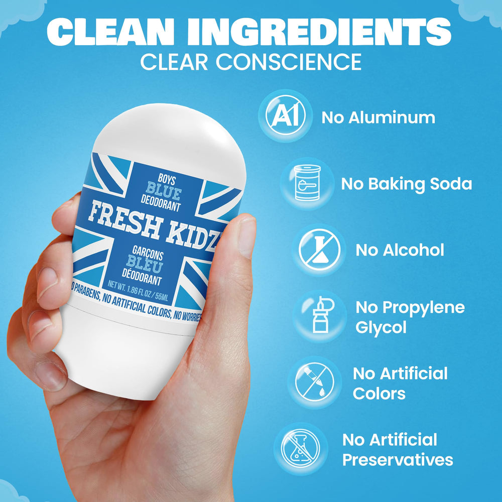 Desodorante Fresh Kidz roll-on azul, tapa visible en lateral