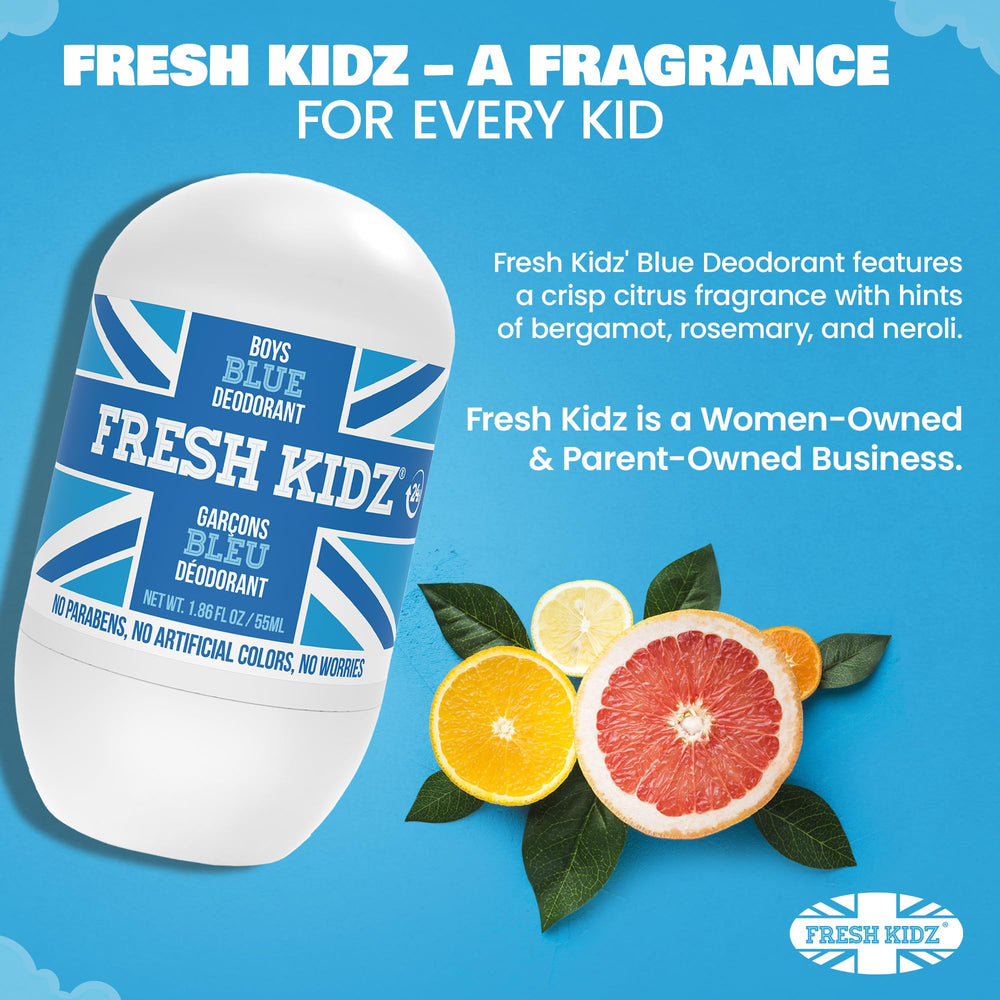 Desodorante Fresh Kidz roll-on azul, diseño juvenil del envase