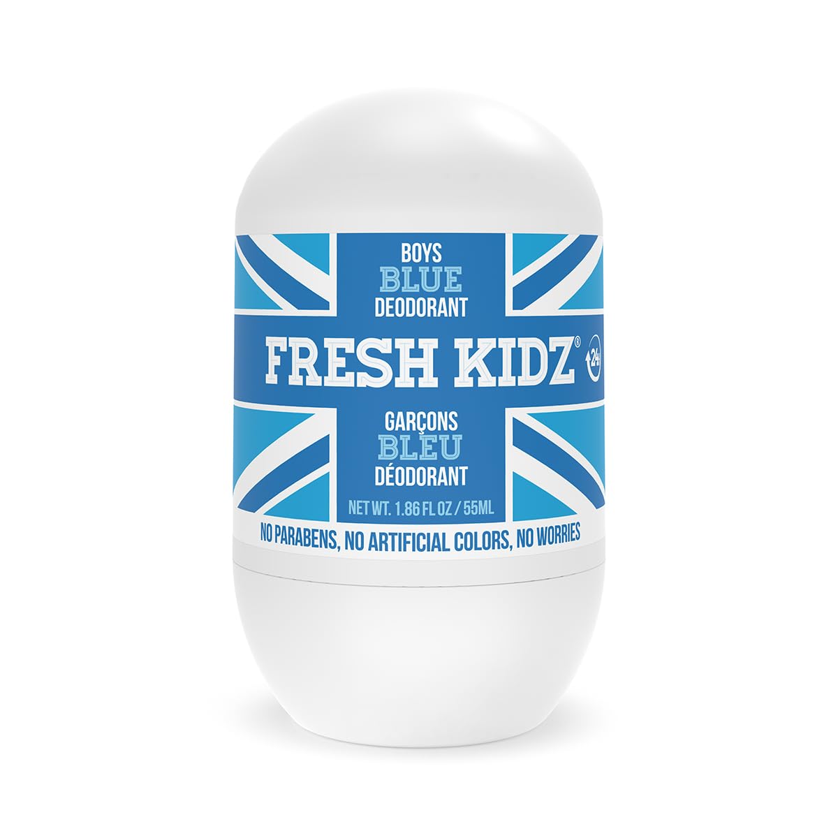 Fresh Kidz Roll-On para niños, botella azul, uso diario seguro para piel sensible.