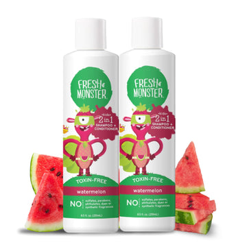 Fresh Monster champú 2 en 1 para niños, botella atractiva que facilita la hora del baño.