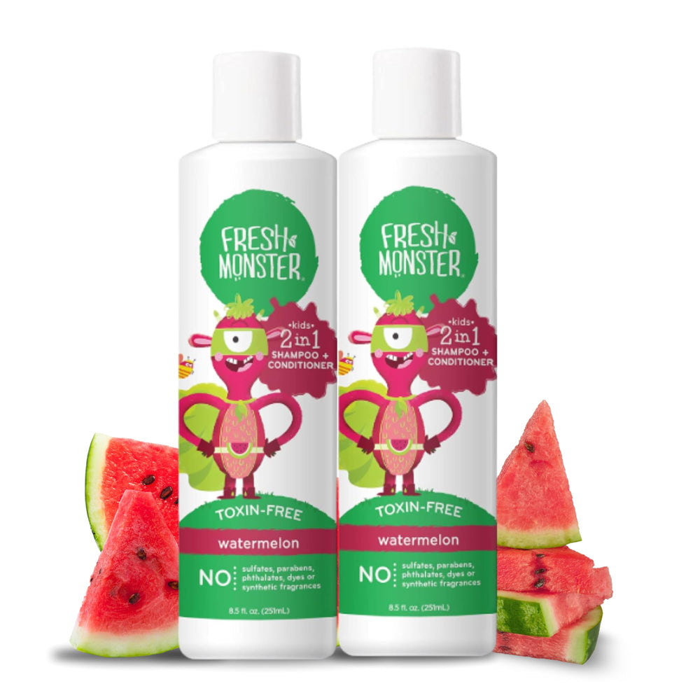 Fresh Monster champú 2 en 1 para niños, botella atractiva que facilita la hora del baño.