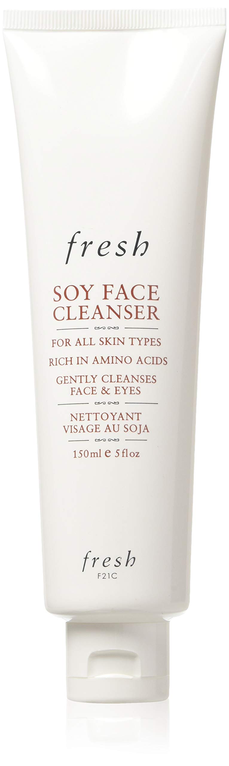 Fresh Soy Face Cleanser bottle pour, gentle makeup removal for all skin types.