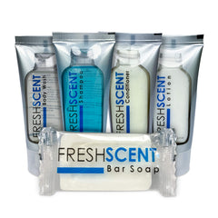 Freshscent shampoo 1oz en tubo, opción práctica para hoteles y estancias cortas.