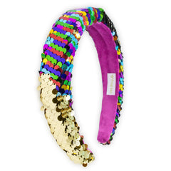 Diadema FROG SAC con lentejuelas voltea arcoíris, ideal para estilos brillantes.