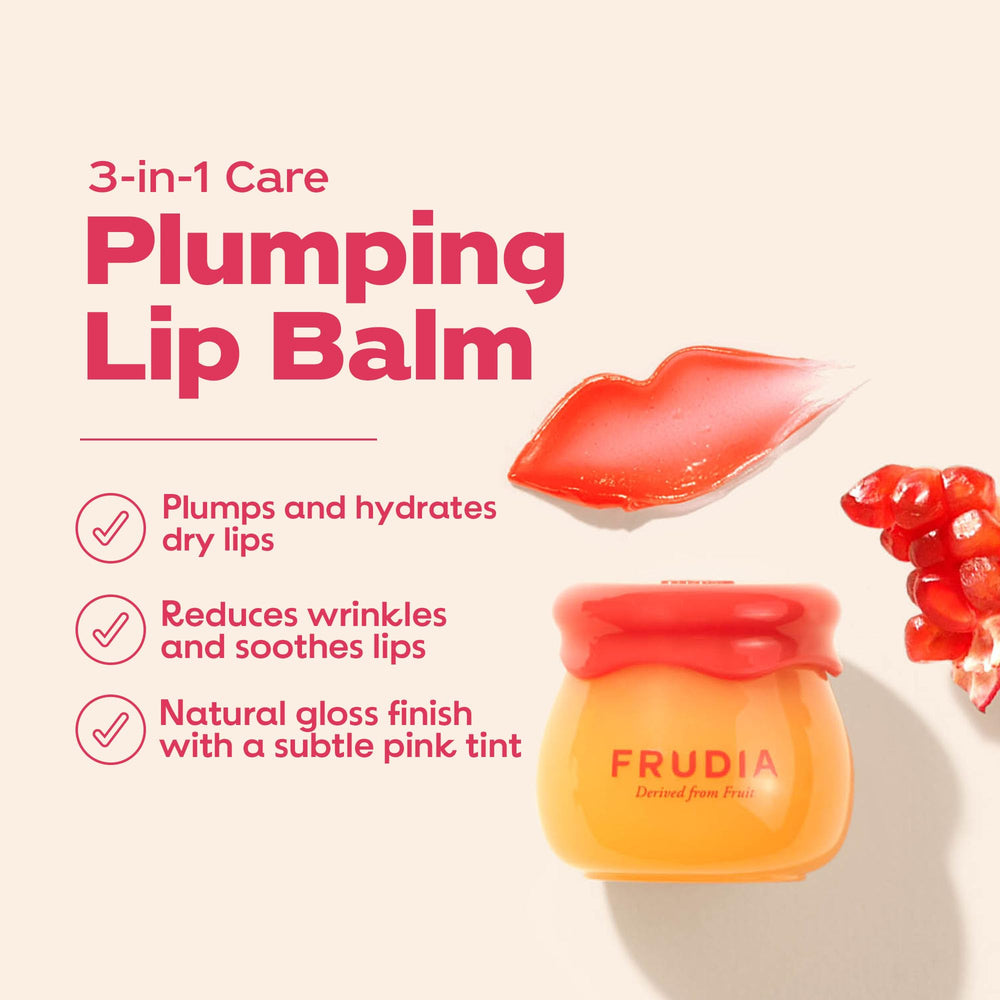 FRUDIA bálsamo labial granada miel – textura rosada con brillo natural.