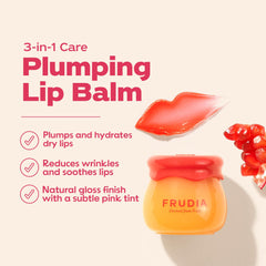FRUDIA bálsamo labial granada miel – textura rosada con brillo natural.
