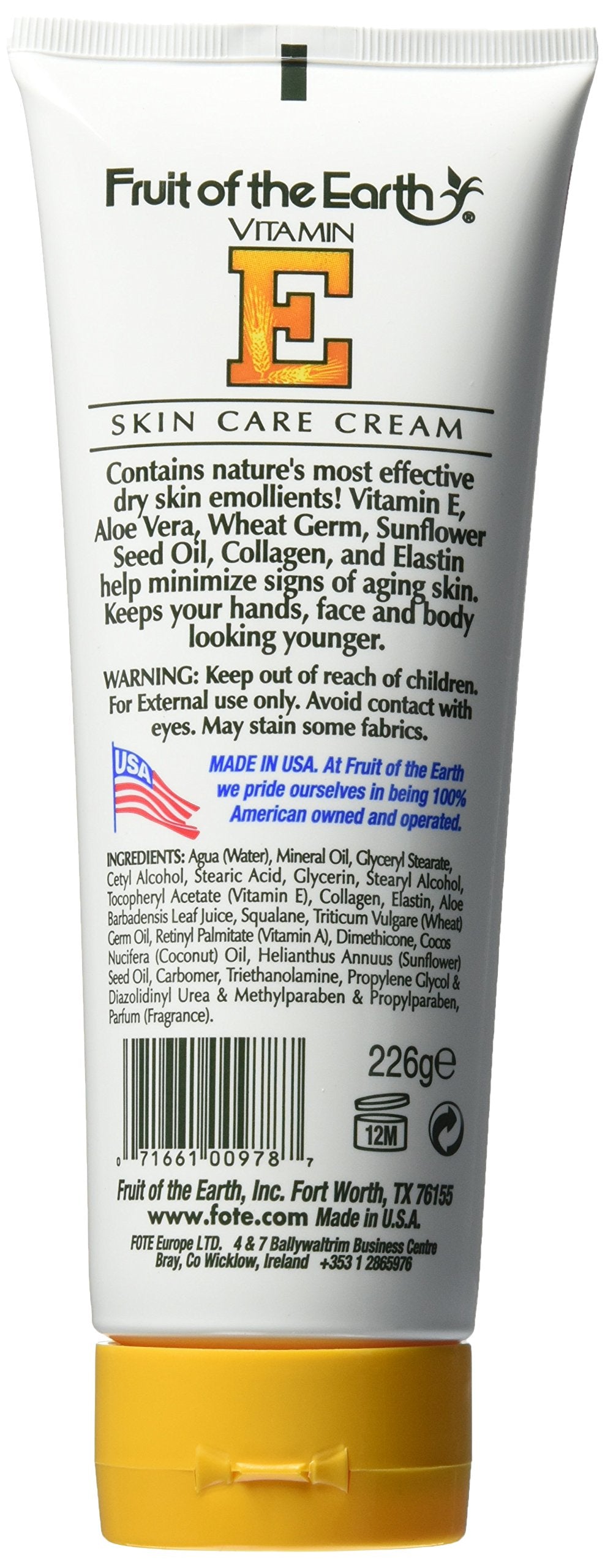 Fruit of the Earth crema vitamina E, textura rica para piel suave.