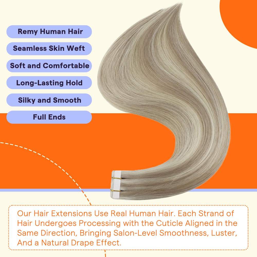Extensiones Fshine con cinta de pelo humano: apariencia natural y tacto suave.