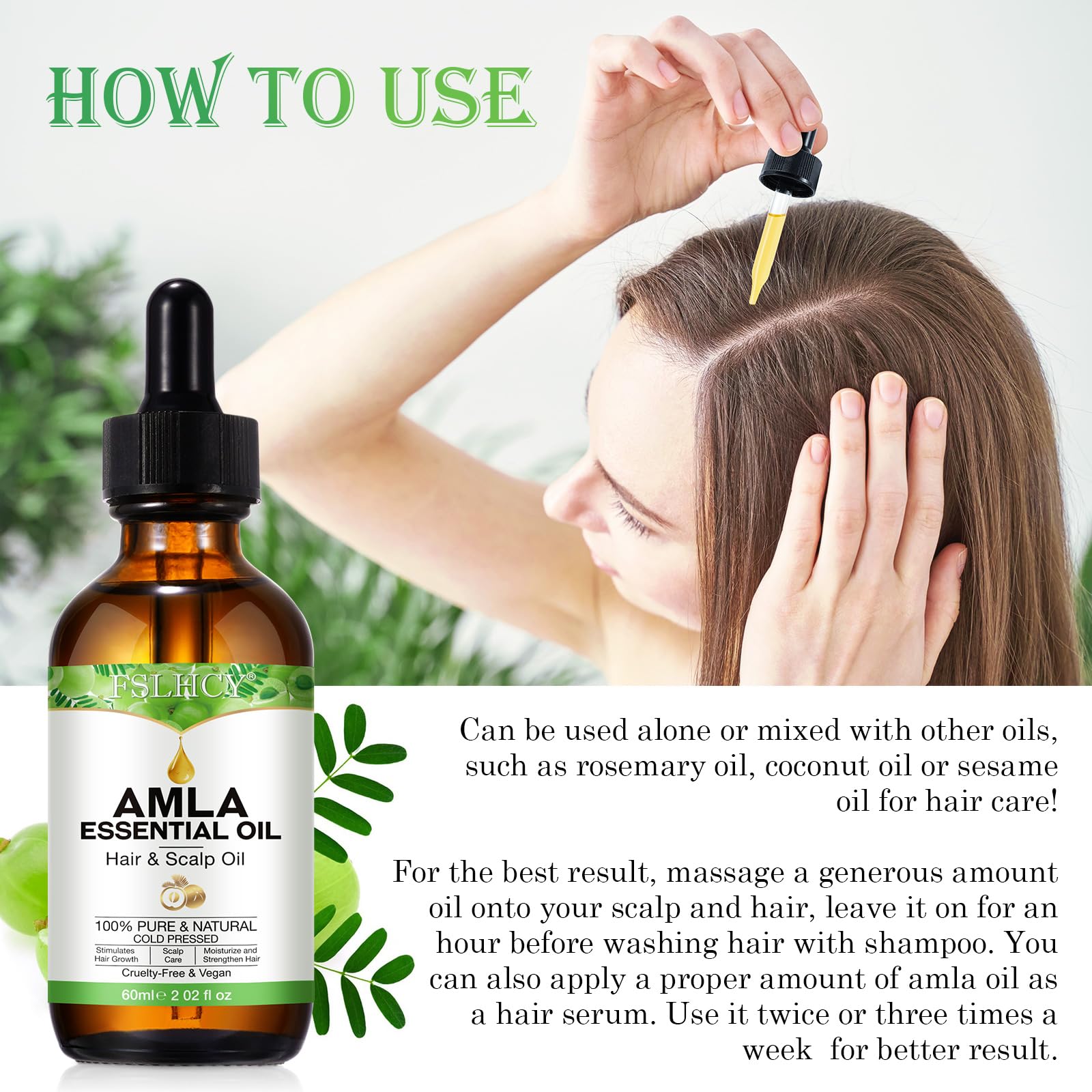 Uso diario de FSLHCY Amla Oil para cabello saludable y brillante.