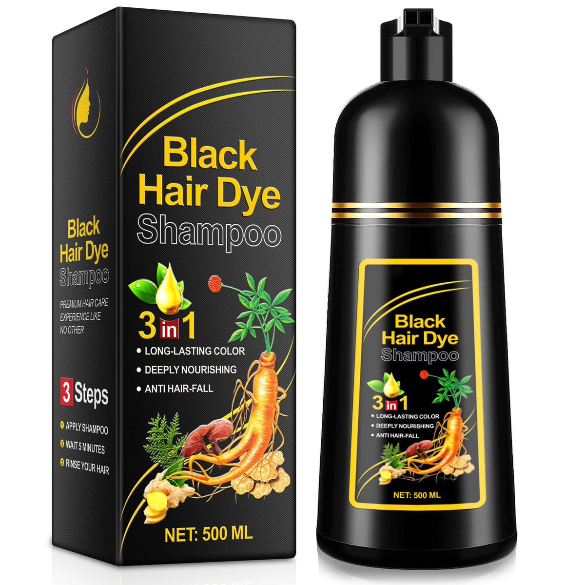 FSLHCY black hair dye shampoo bottle delivers 3-in-1 color and nourishment.