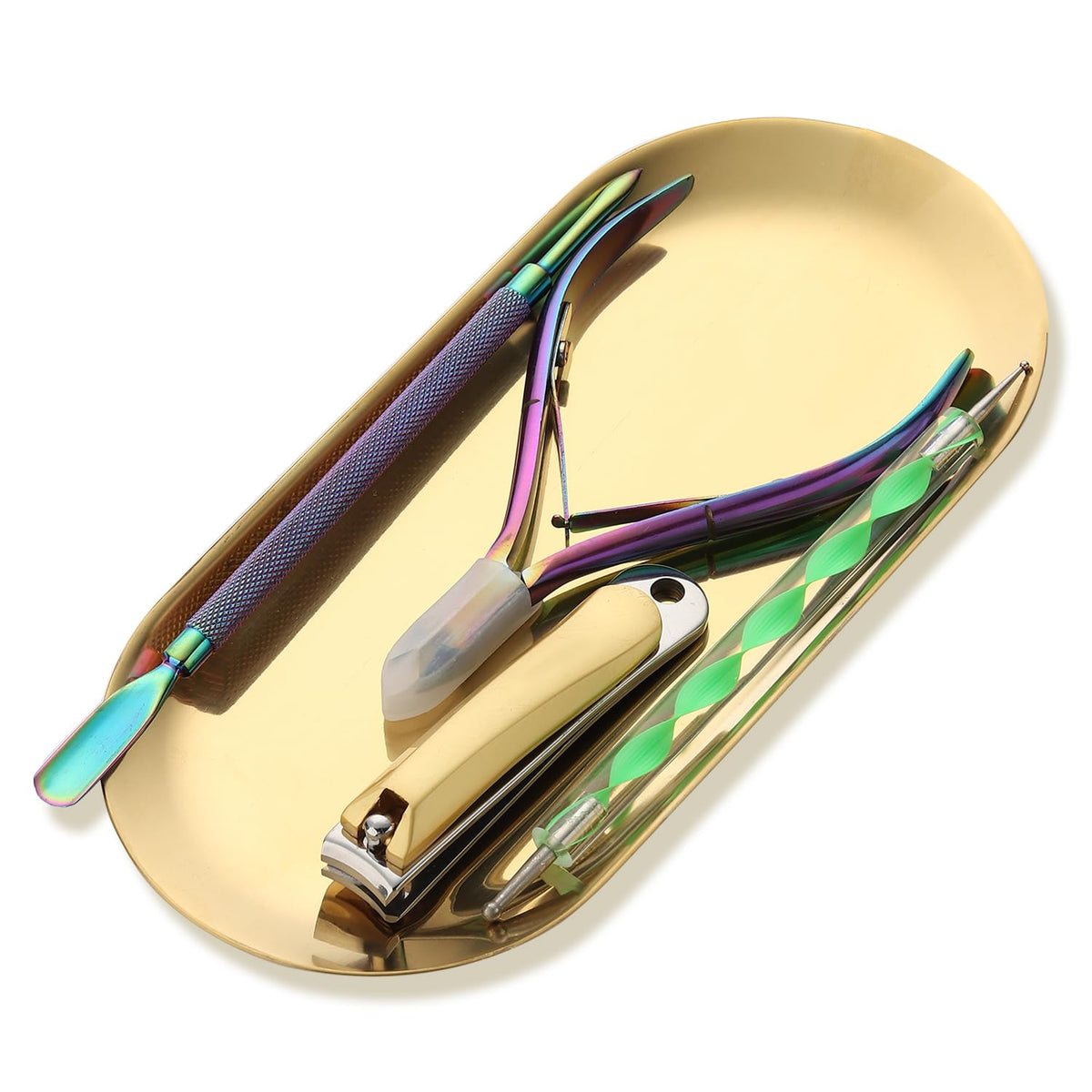 FSpronail bandeja ovalada de acero inoxidable dorado para organización de herramientas de manicura.