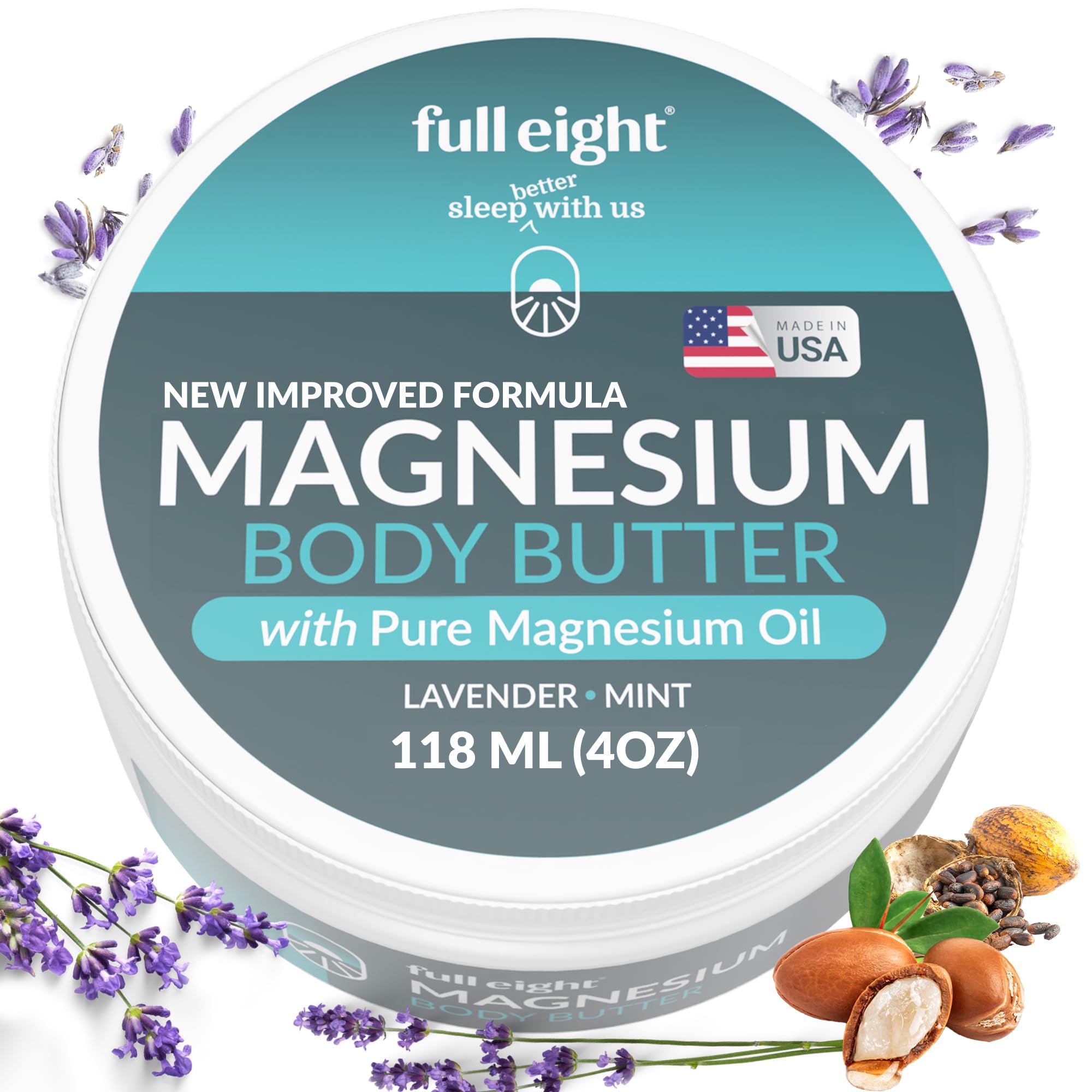 Full Eight manteca corporal magnesio: aplicacion suave para relajar músculos tensos.