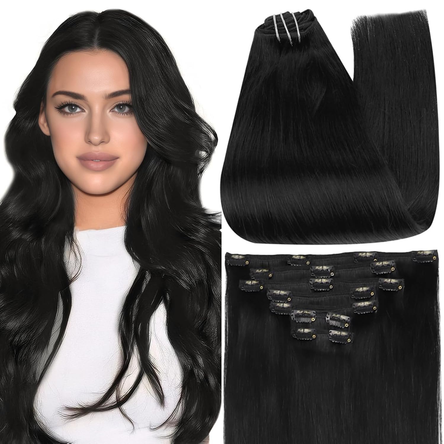 Full Shine clip-in cabello negro jet 24 pulgadas para alargar y dar volumen