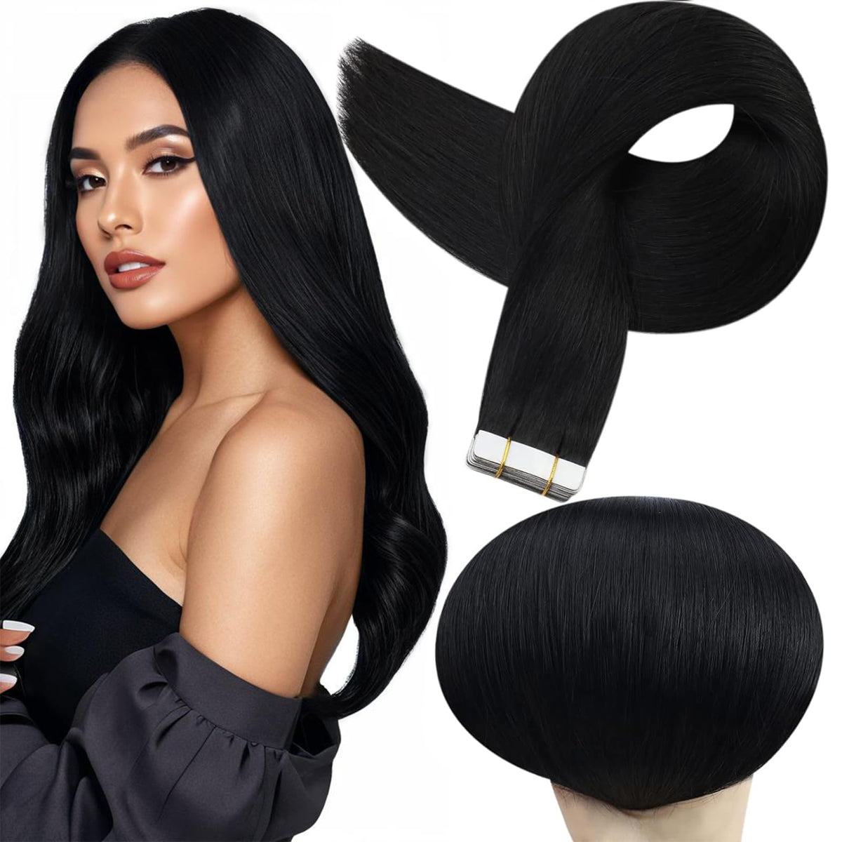 Extensiones Full Shine con adhesivo negro jet de 24 pulgadas para un look natural.