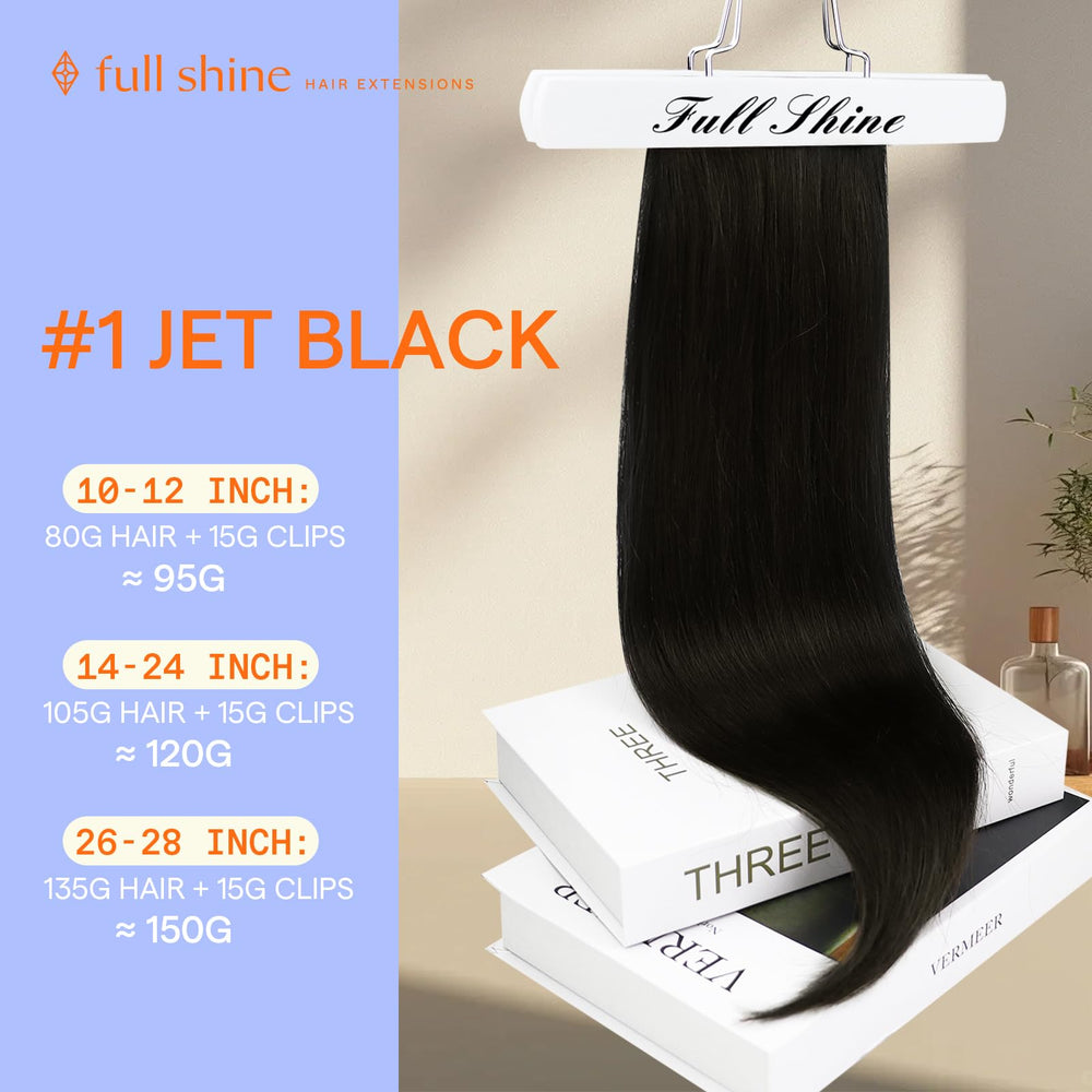 Full Shine extensiones Remy cabello negro jet clip-in para un look natural