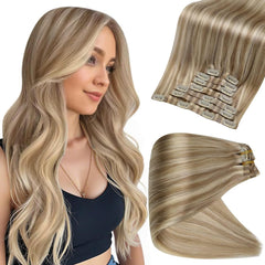 Full Shine extensiones con broches Balayage sin costuras 18 pulgadas, resultado natural y volumen ligero.