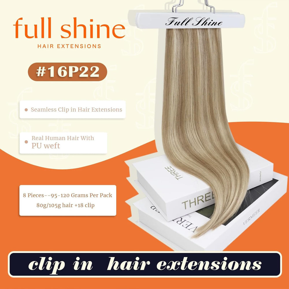 Full Shine extensiones con broches, textura natural cabello humano suave para una mezcla real.